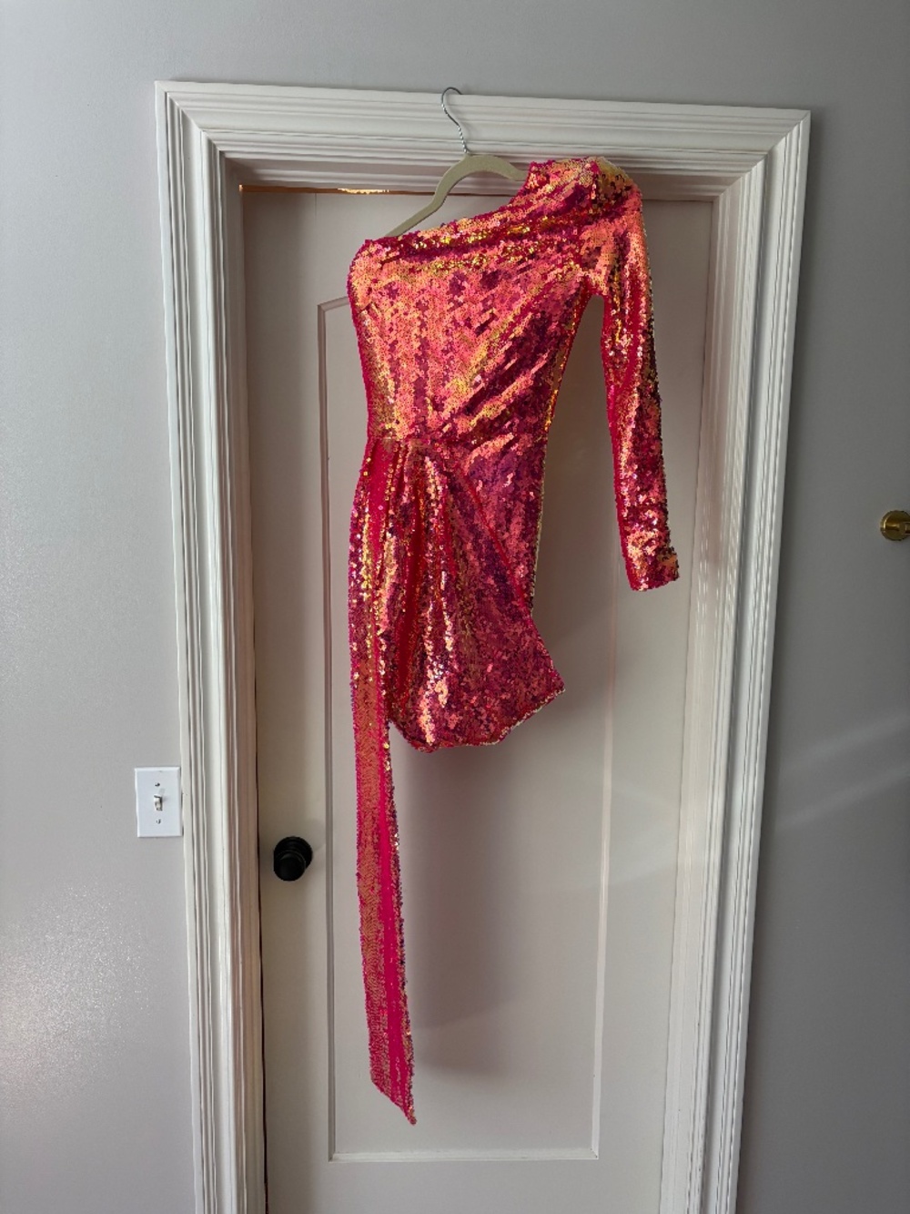 Nadine Merabi Celina Hot Pink Sequin Dress- one sleeve